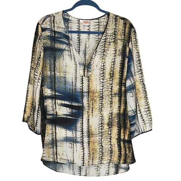 Tianello Blue Multicolor Silk Abstract Print Tunic Blouse Size Large - Picture 9 of 13